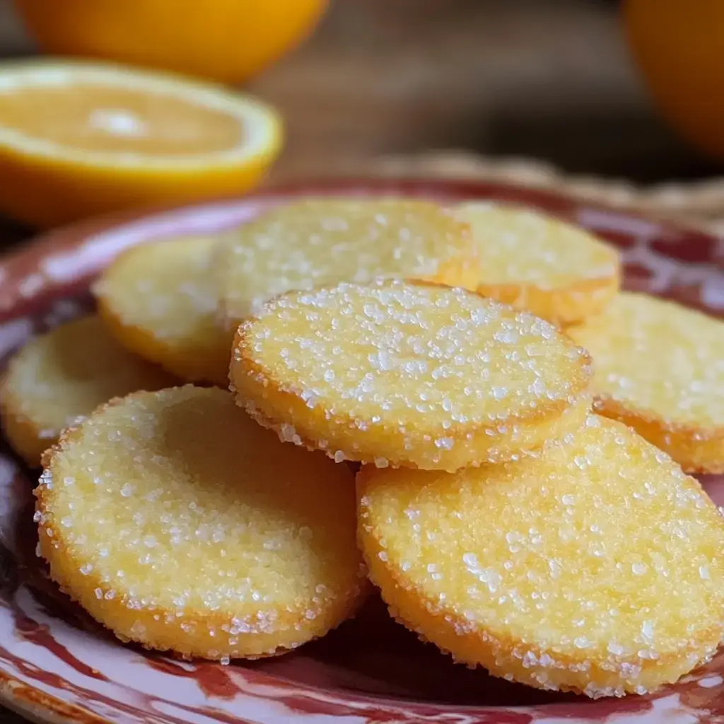 Galletas redondas amarillas con azúcar en una bandeja, acompañadas de un limón cortado al fondo.