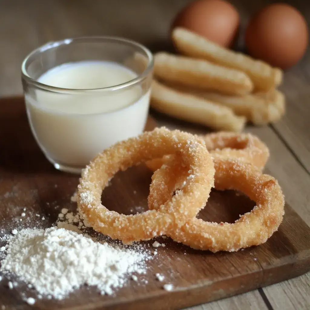 Un plato con dos anillos de masa frita cubiertos de azúcar, un vaso de leche, harina y huevos al fondo.