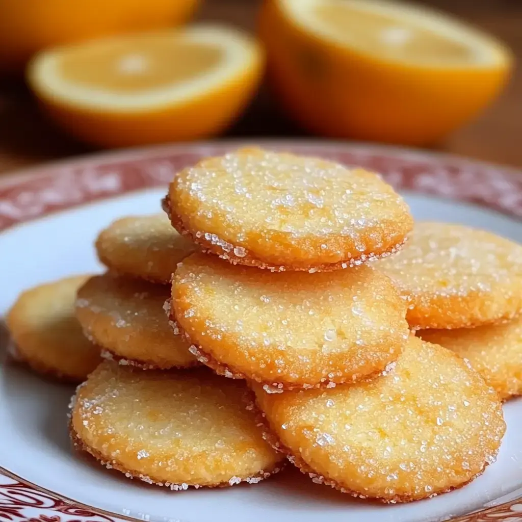 Galletas de limón apiladas en un plato, cubiertas de azúcar, con limones partidos al fondo.