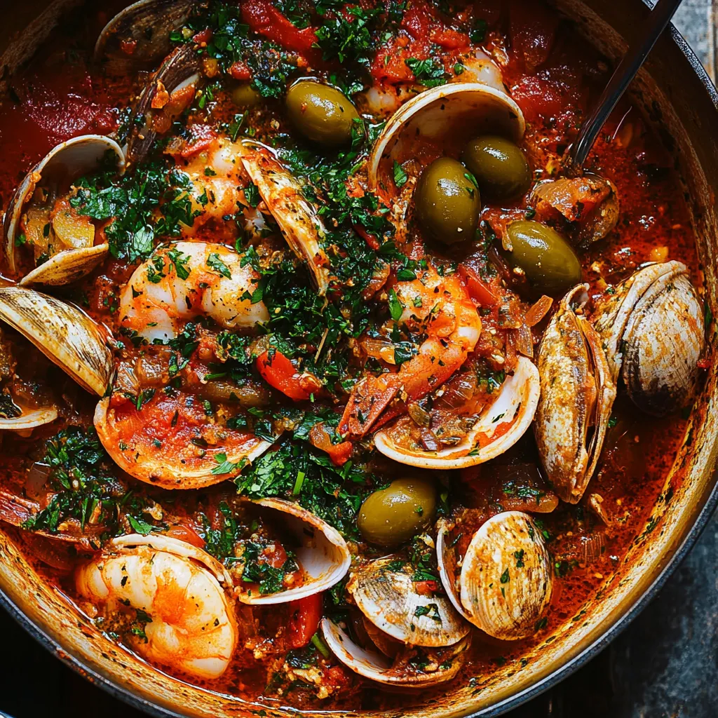 Guiso de Mariscos con Perejil y Gremolata de Aceitunas