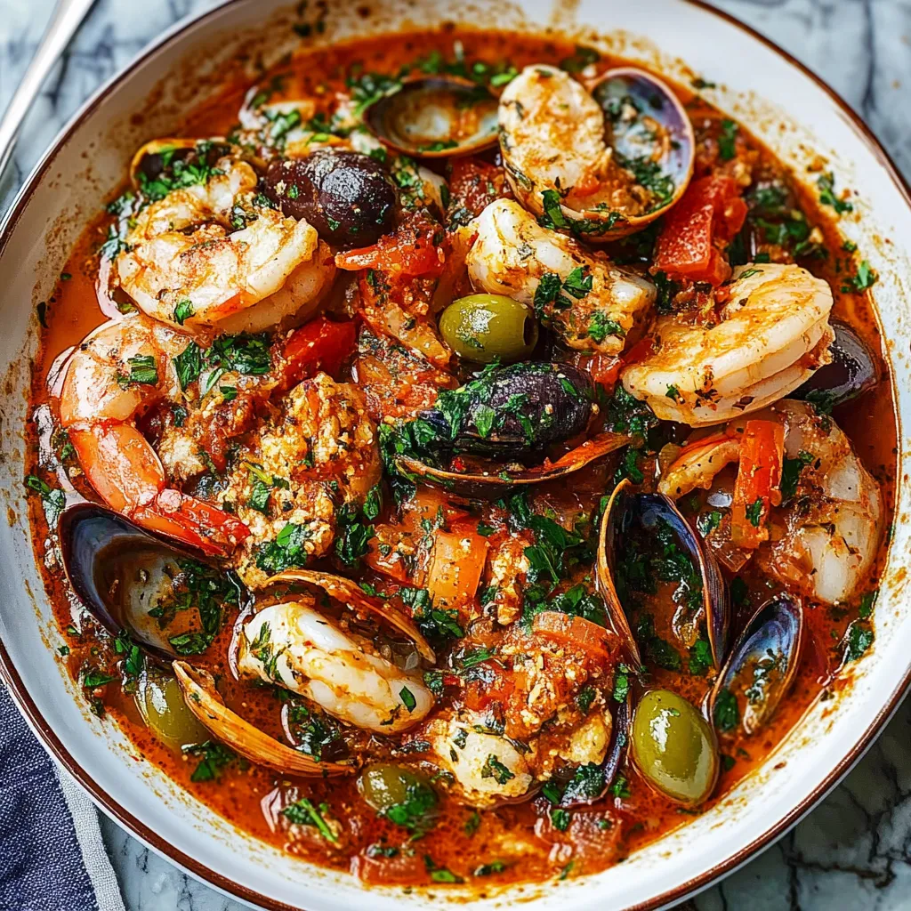 Delicioso Guiso de Mariscos con Perejil y Gremolata de Aceitunas