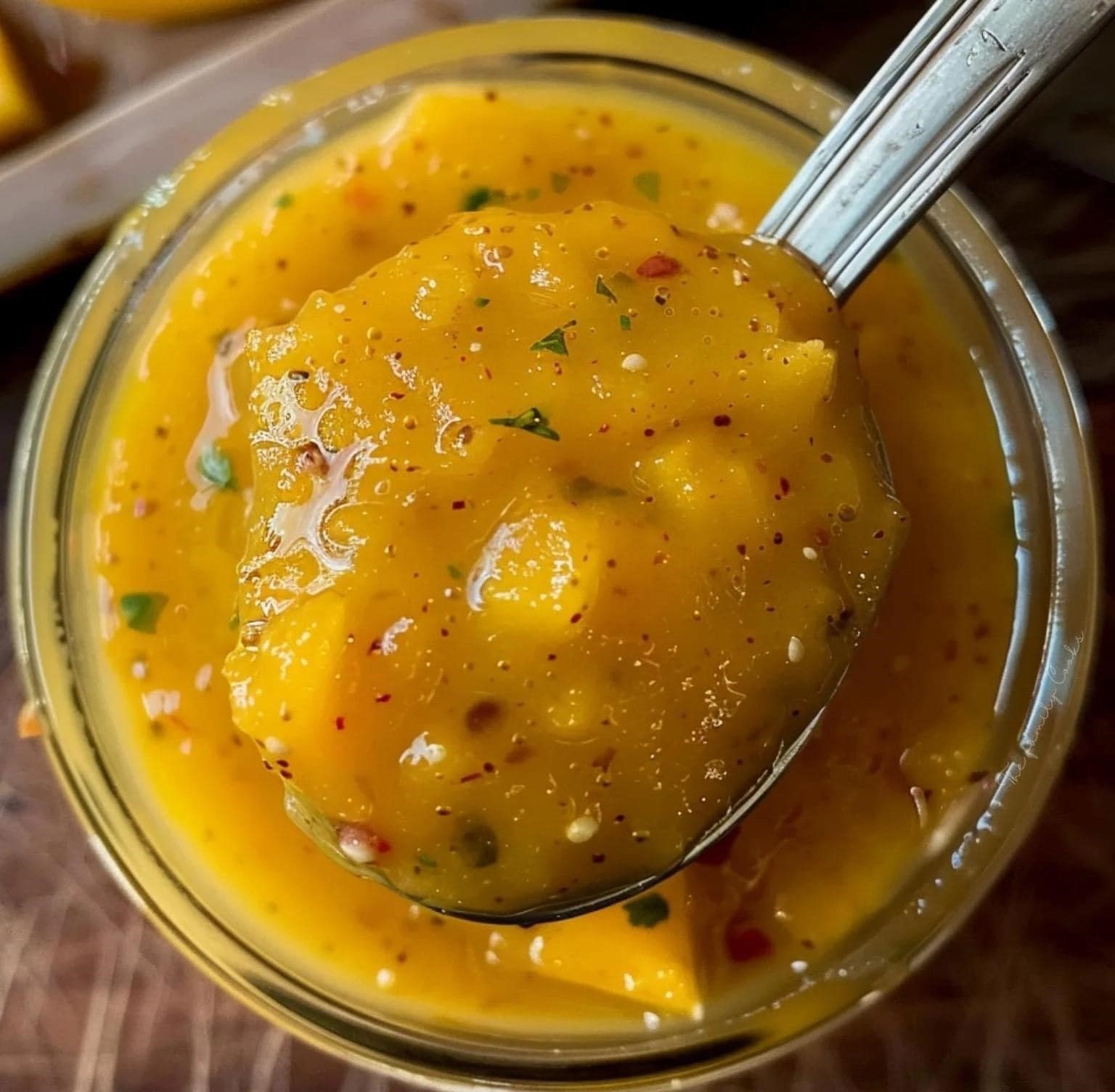 Un recipiente con una cucharadita de salsa.