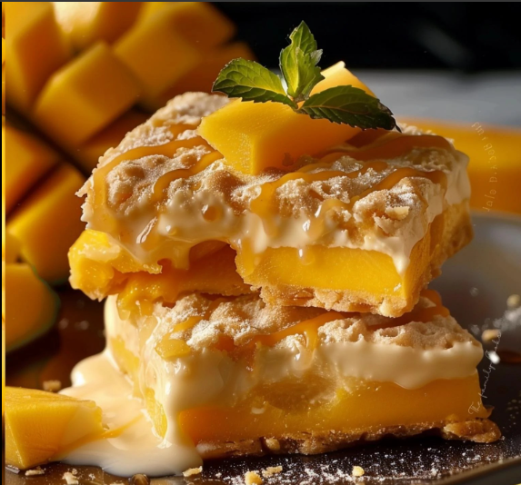 Un plato con tres trozos de pastel de mango y una ramita de menta.