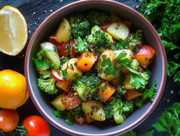 Una ensalada vibrante con papas en cubos, brócoli y manzanas rojas, decorada con perejil fresco y limón, rodeada de cítricos adicionales y tomates.