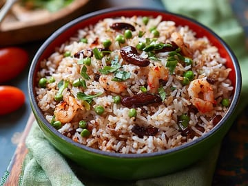 Un vibrante tazón de arroz con camarones está guarnecido con guisantes verdes y hierbas, colocado sobre un paño verde, con tomates en el fondo.