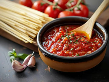 Un tazón de salsa de tomate rica guarnecida con hierbas, acompañada de dientes de ajo, tomates frescos y espaguetis crudos.