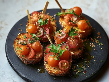 Un plato de pan tostado cubierto con tomates cherry coloridos, hierbas y rociado con aceite de oliva.