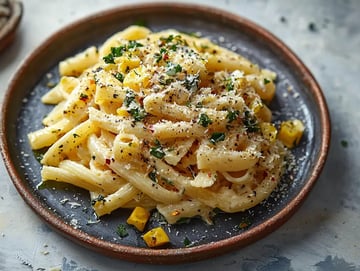 Un plato de pasta cremosa cubierta con queso rallado, hierbas y verduras amarillas cortadas en cubos.