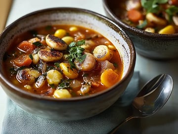 Un primer plano de un tazón de sopa de verduras abundante llena de zanahorias coloridas, maíz y hierbas, con un segundo tazón ligeramente borroso en el fondo.