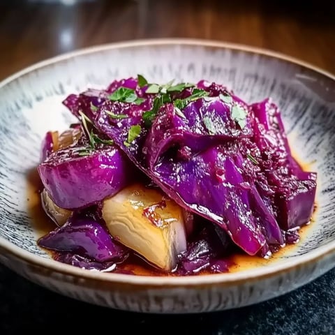 Una vista cercana de un plato con col morada salteada decorada con hierbas, servida en un plato decorativo.