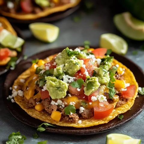 Una tostada colorida cubierta con carne sazonada, queso, tomates picados, guacamole, cilantro y queso desmenuzado, servida en un plato oscuro con gajos de limón en el fondo.