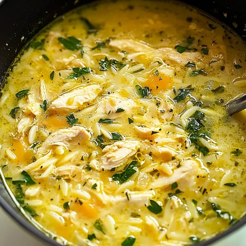 Sopa de pollo, limón y orzo