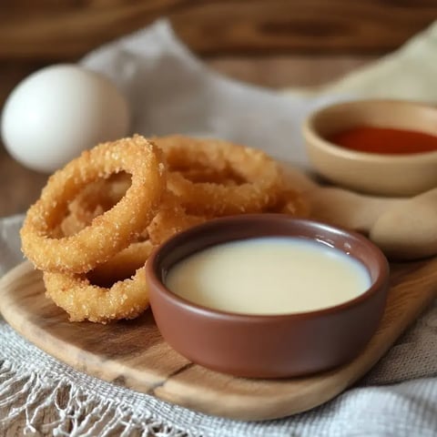 Plato de anillos de cebolla crujientes acompañado de salsas y un huevo en la parte superior.