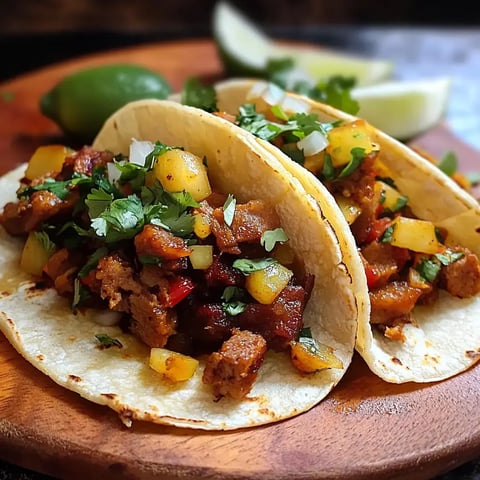 Tacos de carne con piña, cebolla y cilantro sobre un plato de madera.