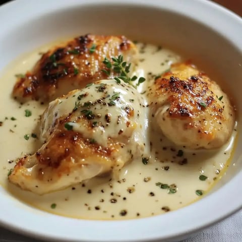 Tres pechugas de pollo doradas en una salsa cremosa con hierbas y pimienta en un plato blanco.