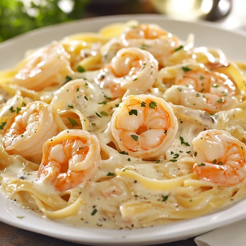 Plato de pasta con camarones y pimiento.